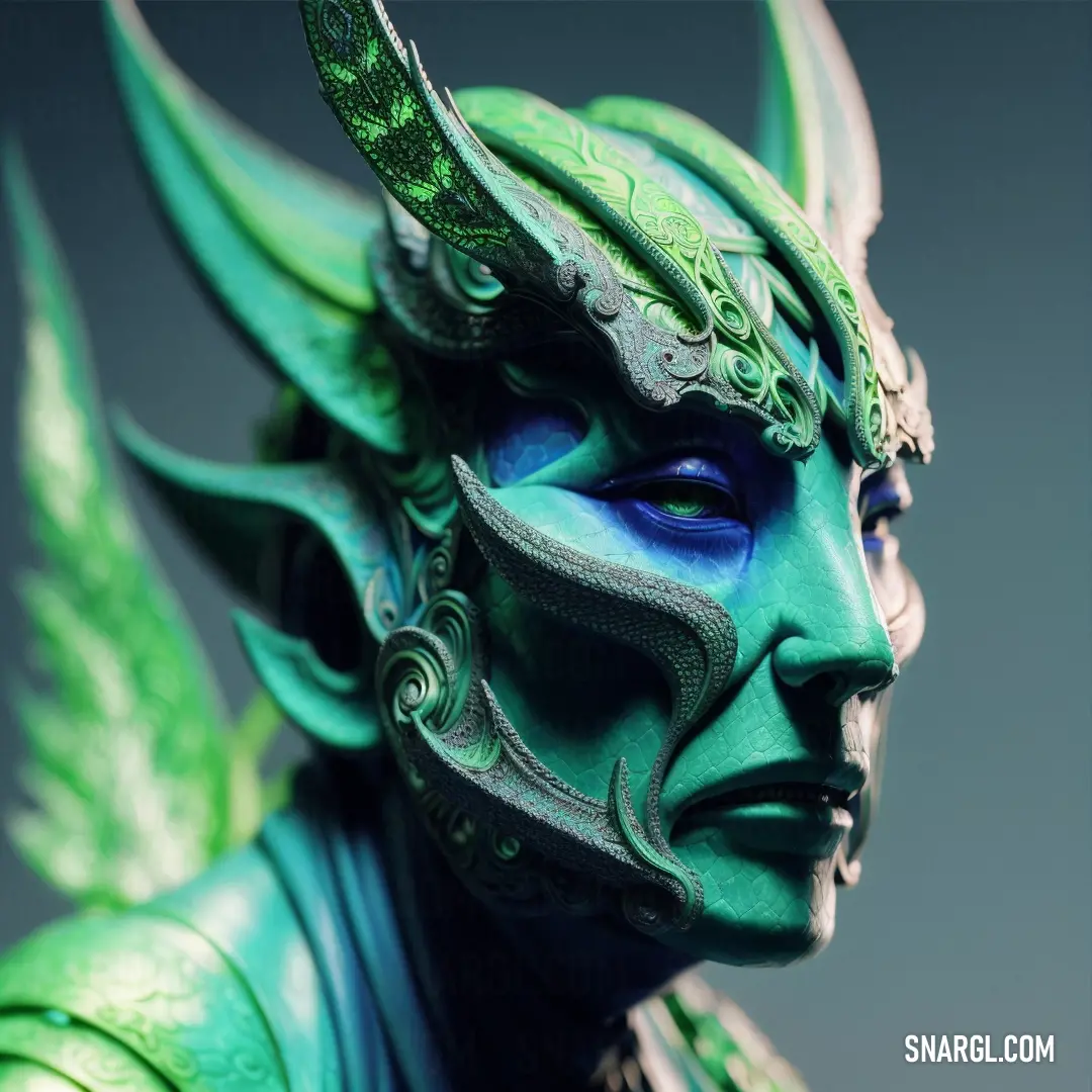 Green mask with horns and wings on it's face and head is shown in front of a gray background