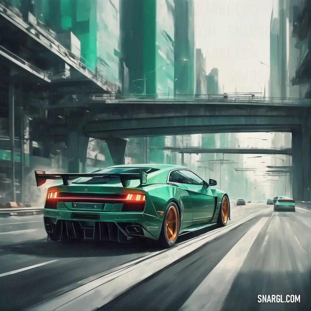 Jungle green color example: Green sports car driving down a city street in front of a bridge and a car with orange rims