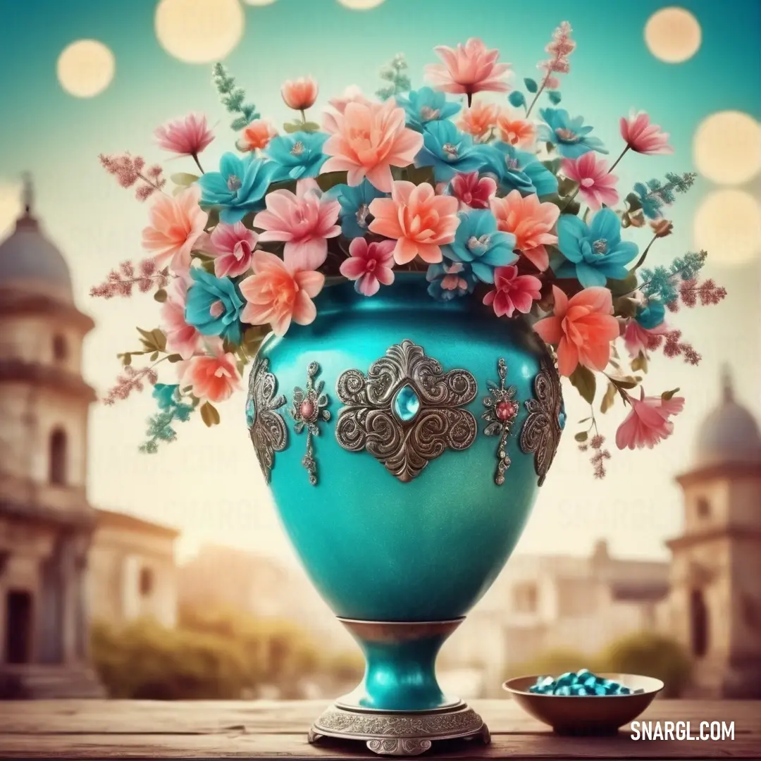 Blue vase with flowers in it on a table next to a bowl of candy and a building. Color #29AB87.