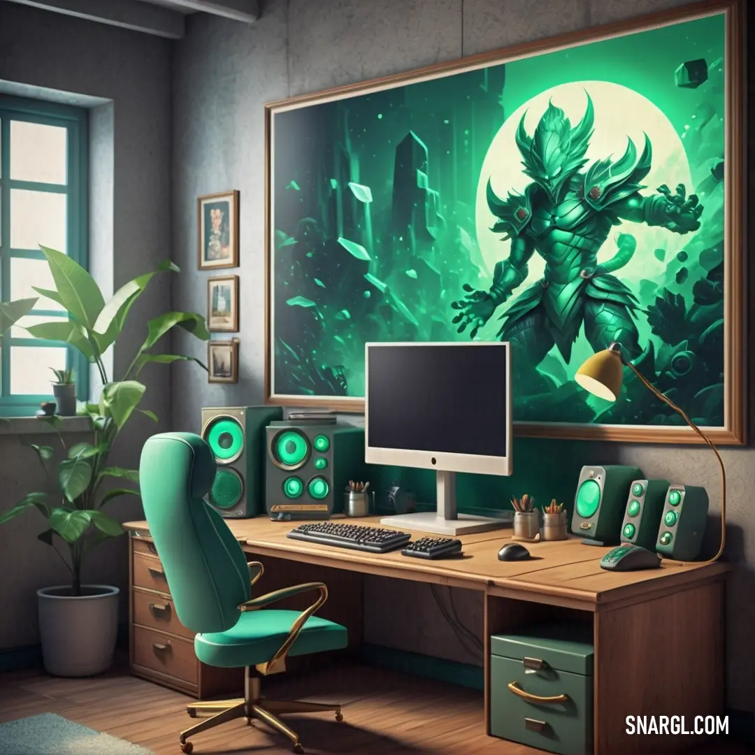Computer desk with a monitor and a keyboard on it in a room with a large painting of a green man. Color Jungle green.