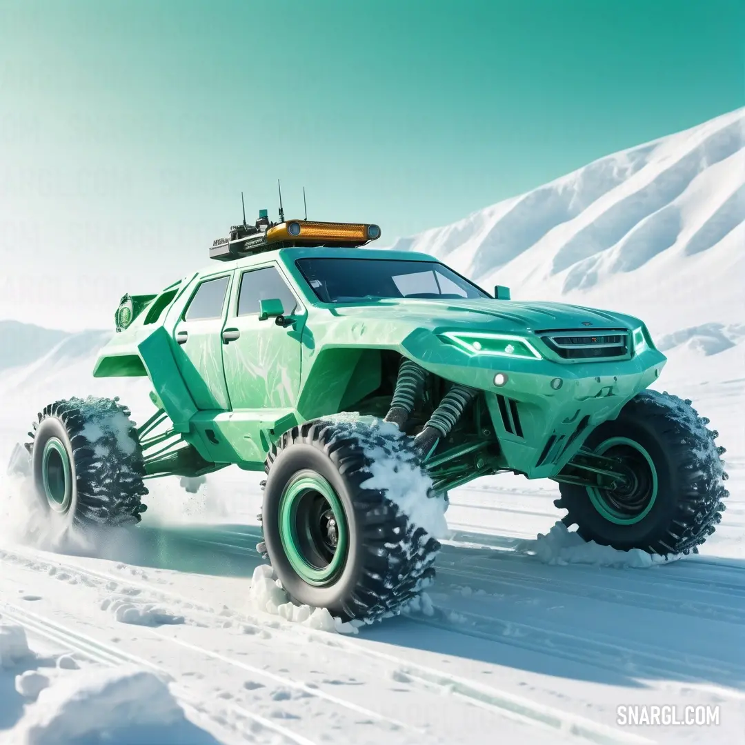 Green vehicle driving through the snow on a sunny day with a sky background. Example of CMYK 76,0,21,33 color.