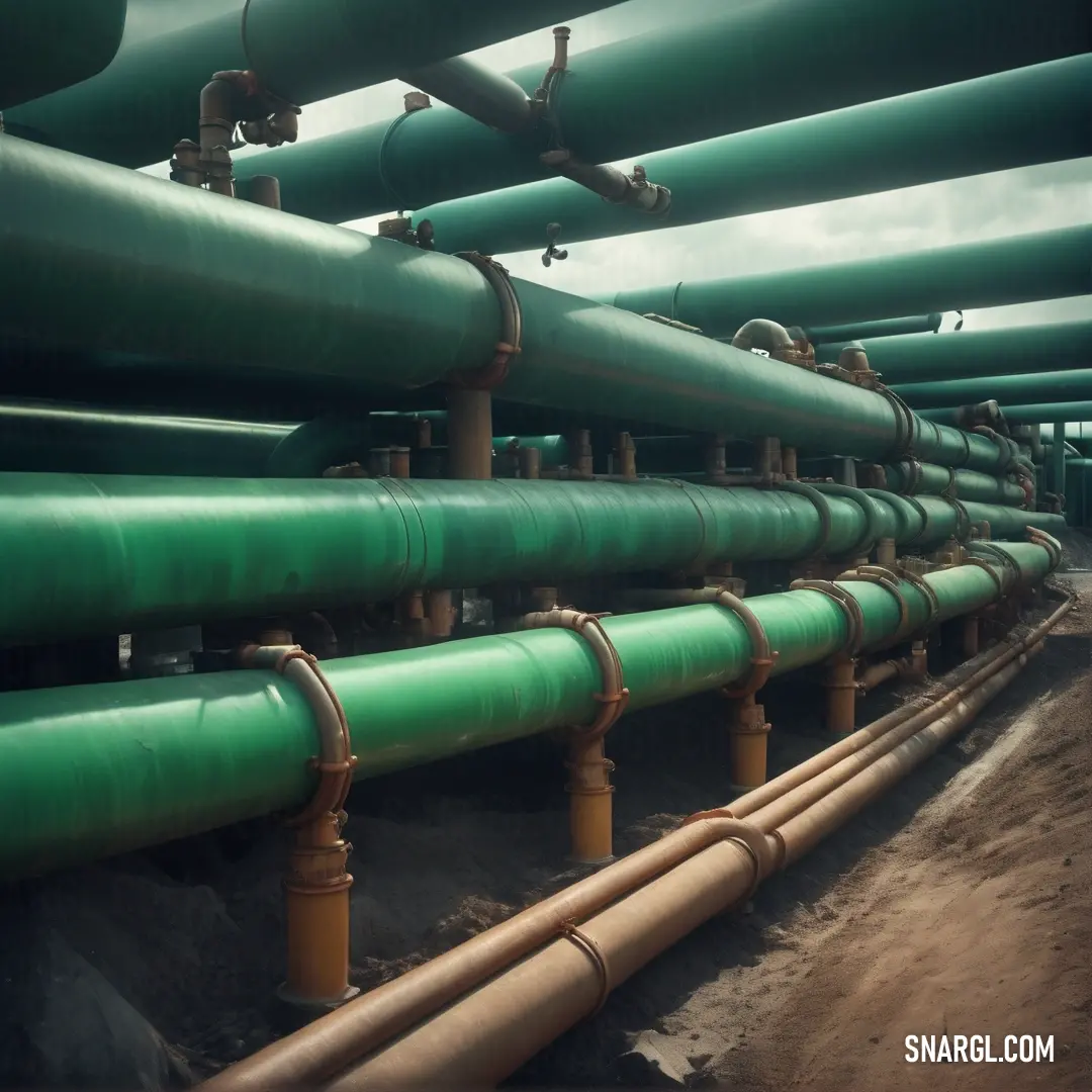 Large group of pipes are lined up together in a row on the ground, with a sky background. Example of Jungle green color.