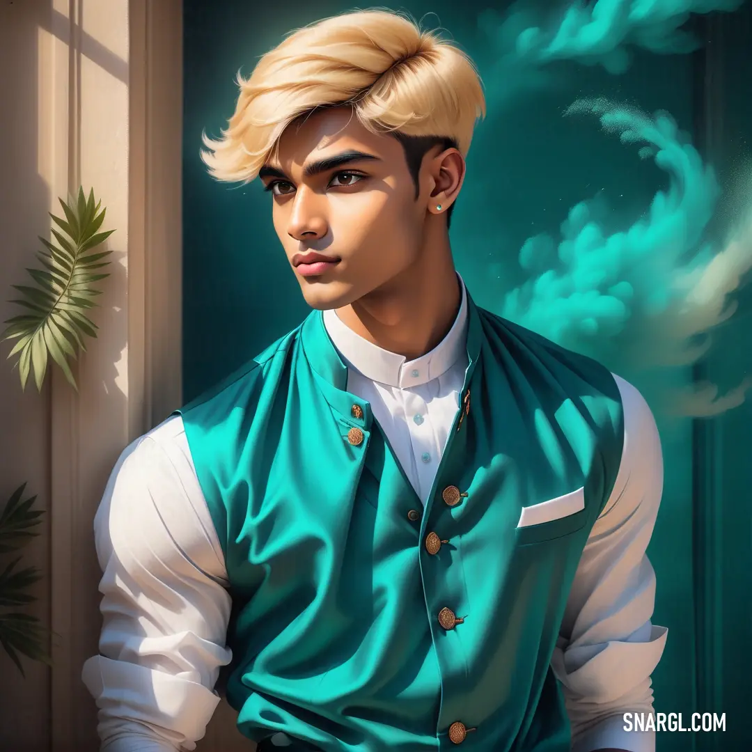 Jungle green color example: Man with blonde hair wearing a green vest and white shirt and a green tie