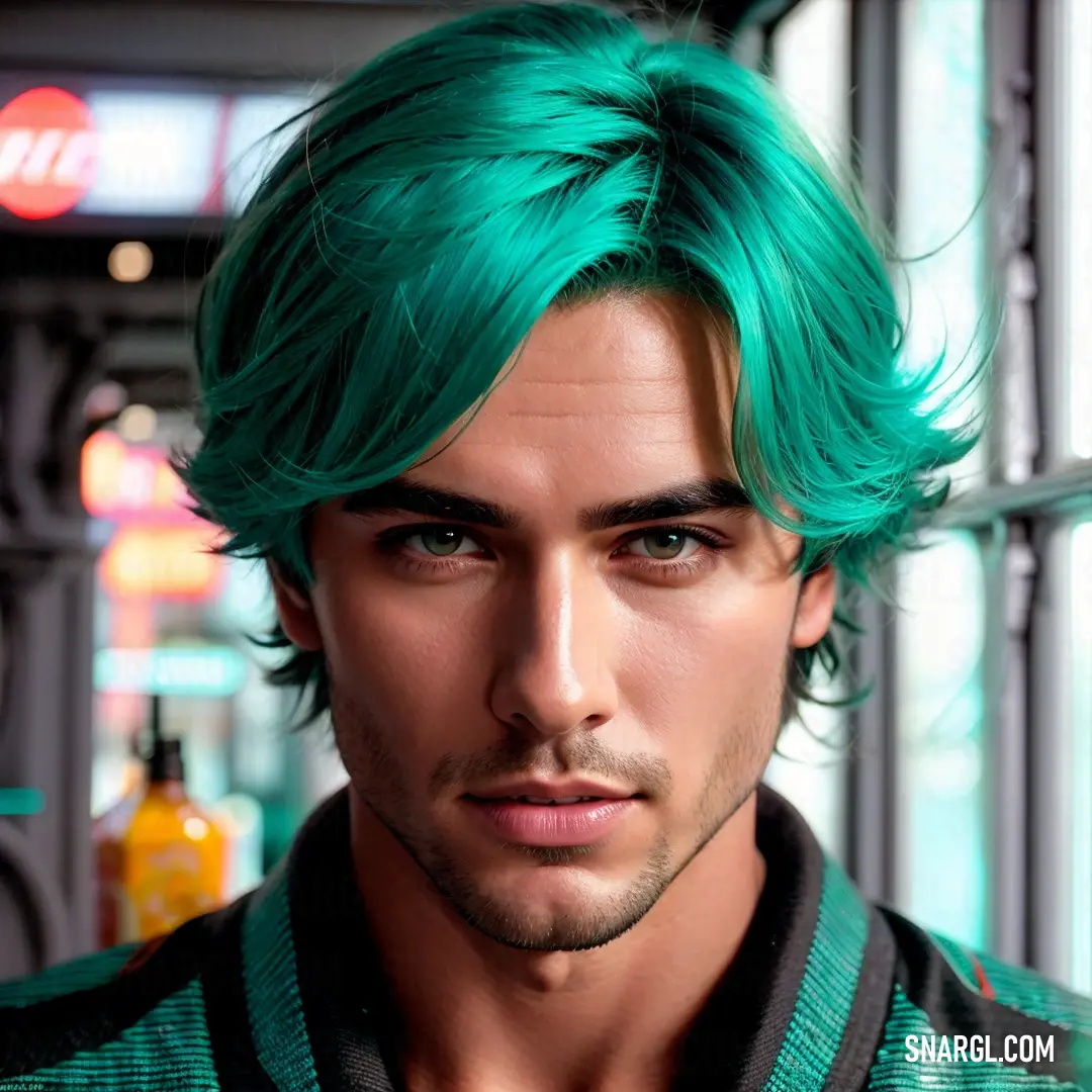 Man with green hair and a green shirt on a street corner with a neon sign in the background
