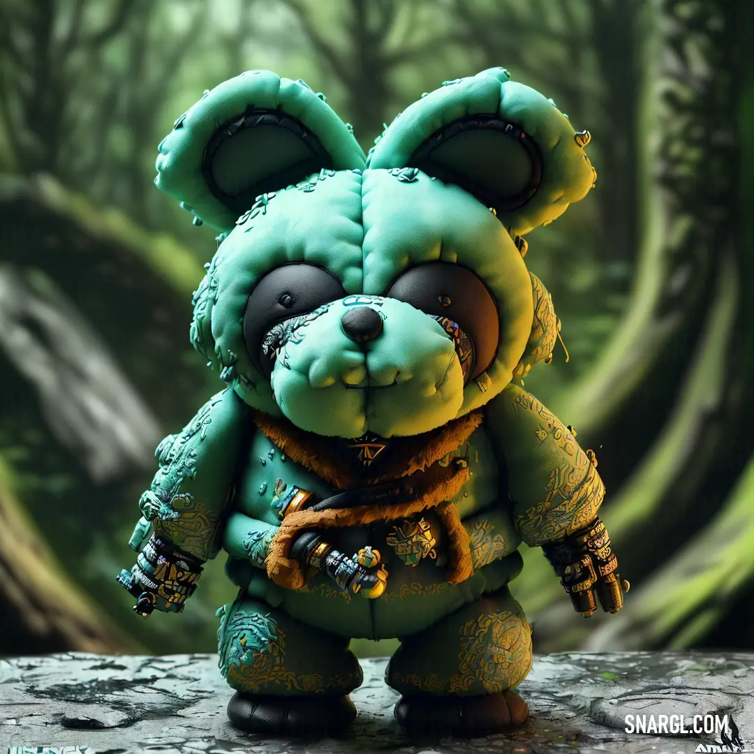 Teddy bear with a green outfit and a brown hat on a rock in a forest with trees and rocks