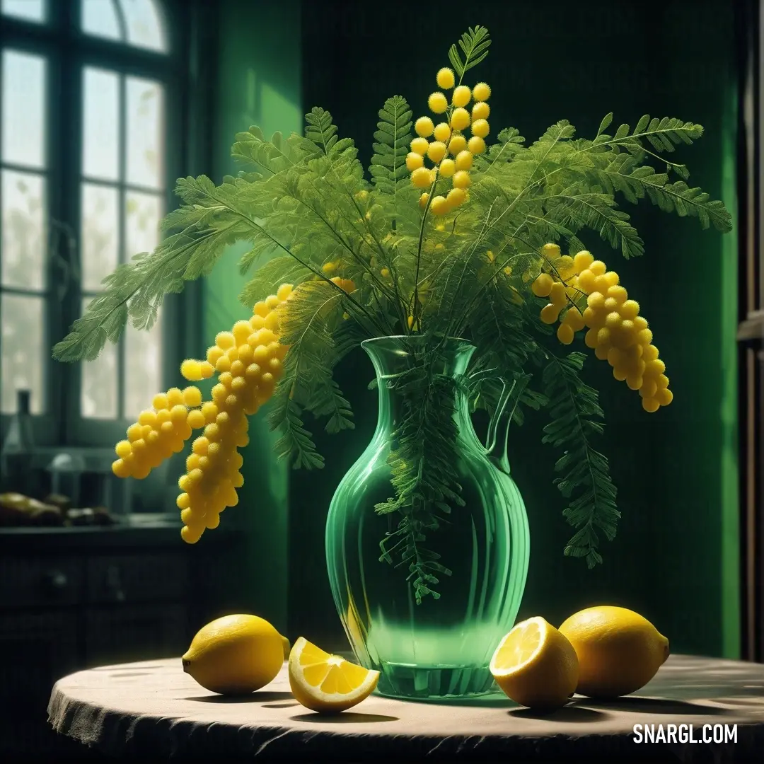 Vase with yellow flowers and lemons on a table in a green room with a window. Example of #29AB87 color.