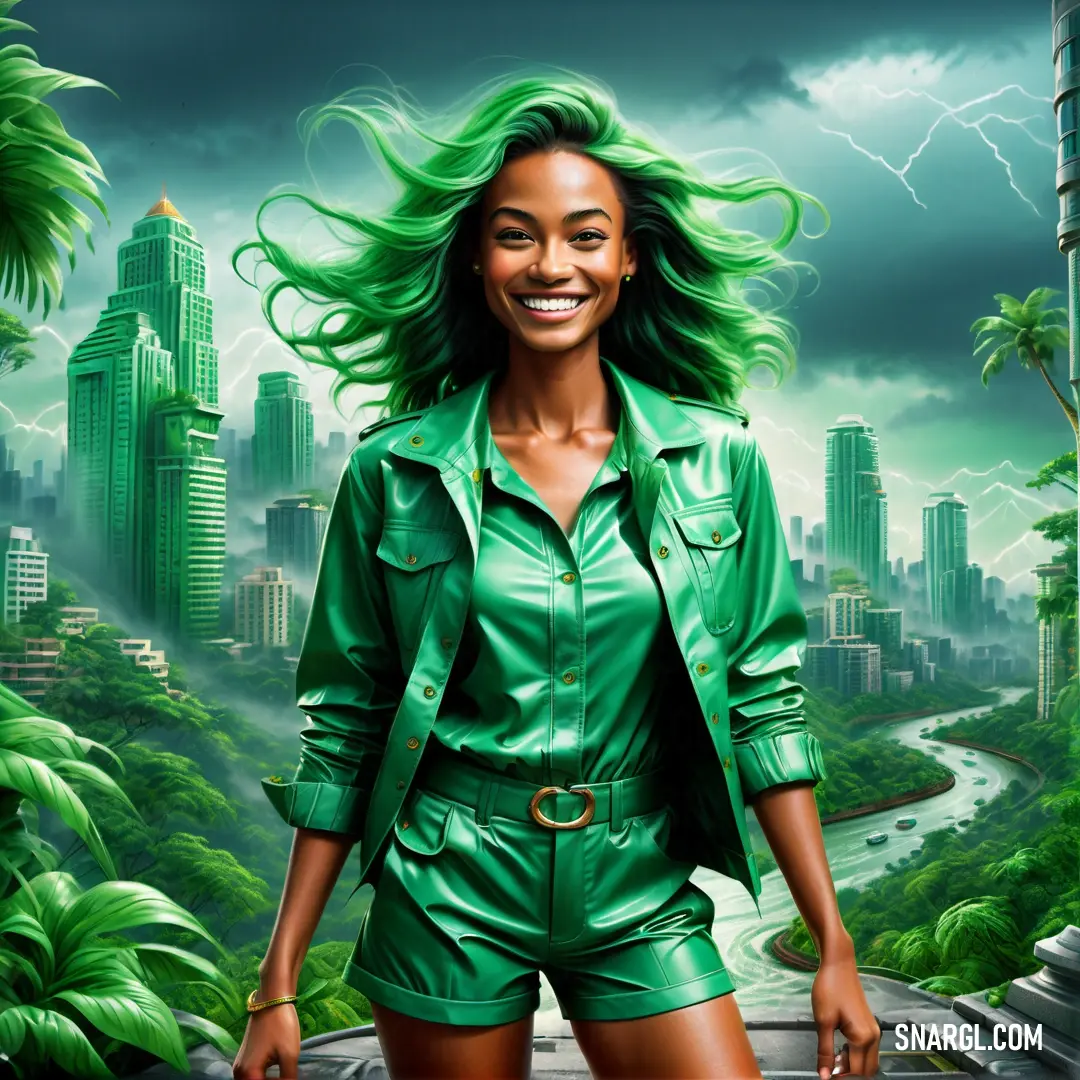 Woman in green is standing in front of a cityscape with lightning in the background. Color RGB 41,171,135.