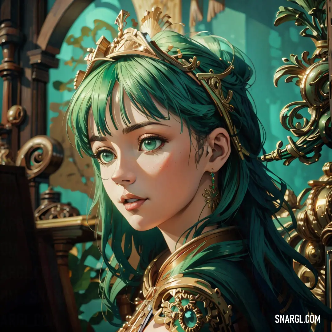 Woman with green hair and a crown on her head