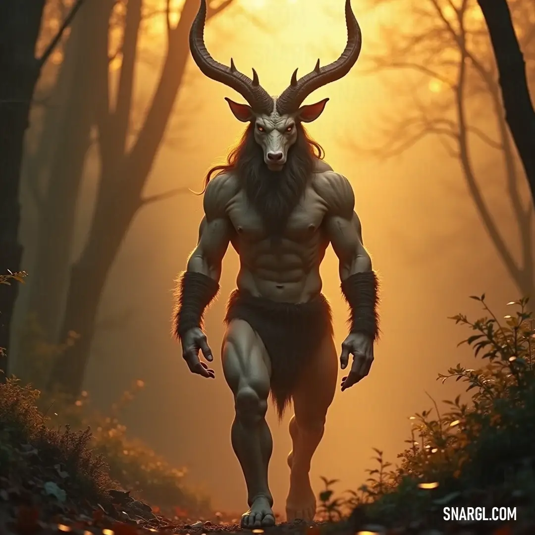 A powerful figure, Kadmos, strides confidently through a mystical forest at dusk, adorned with majestic horns and a wild beard, casting an imposing shadow as the sun dips behind him, illuminating his fierce, demon-like face.