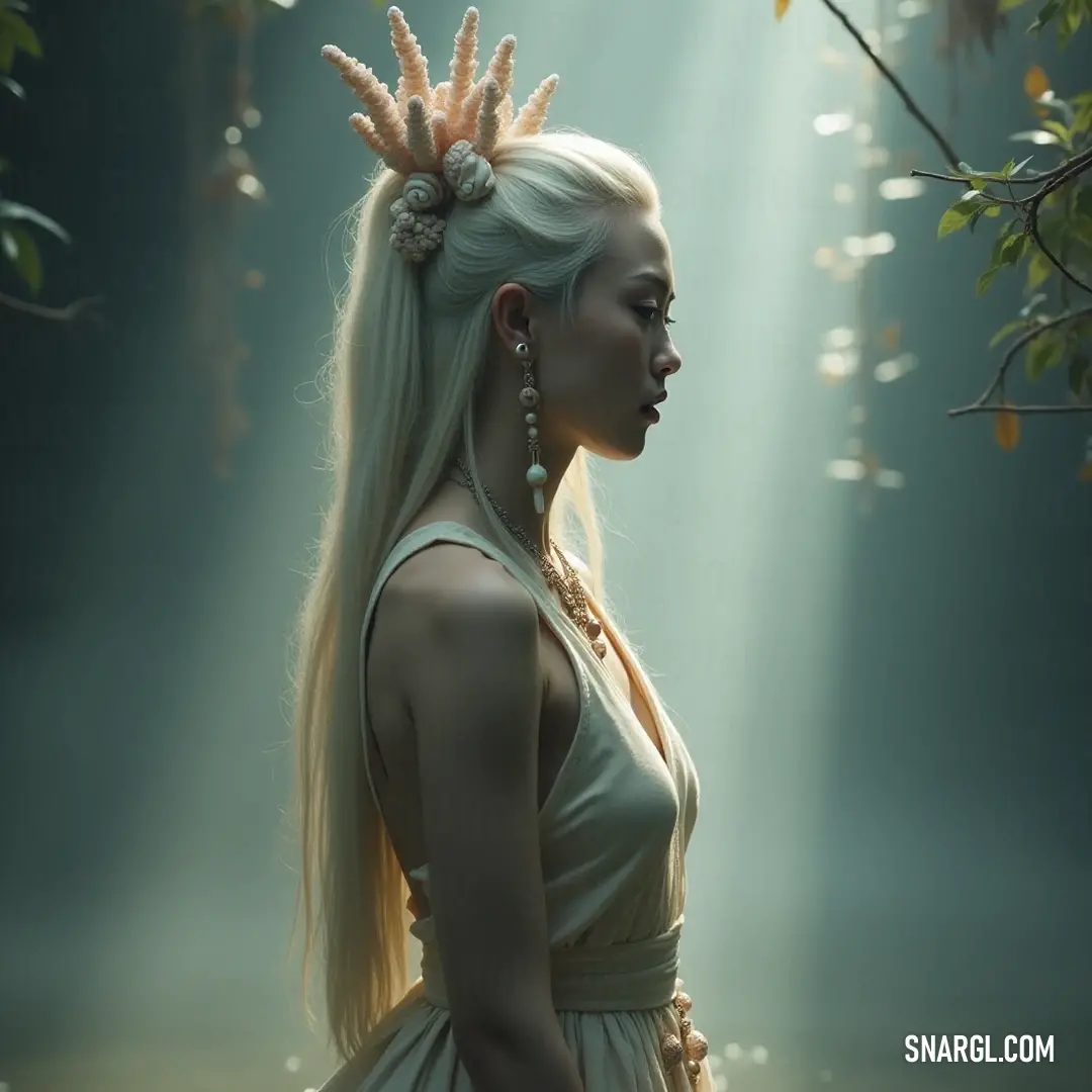 A regal figure adorned with a crown, standing confidently amidst the trees, embodying the essence of nature's majesty and strength. A striking girl with a crown perched on her long hair, standing proudly among towering trees, her gaze filled with determination, embodying the spirit of nature's royalty in a forest sanctuary.