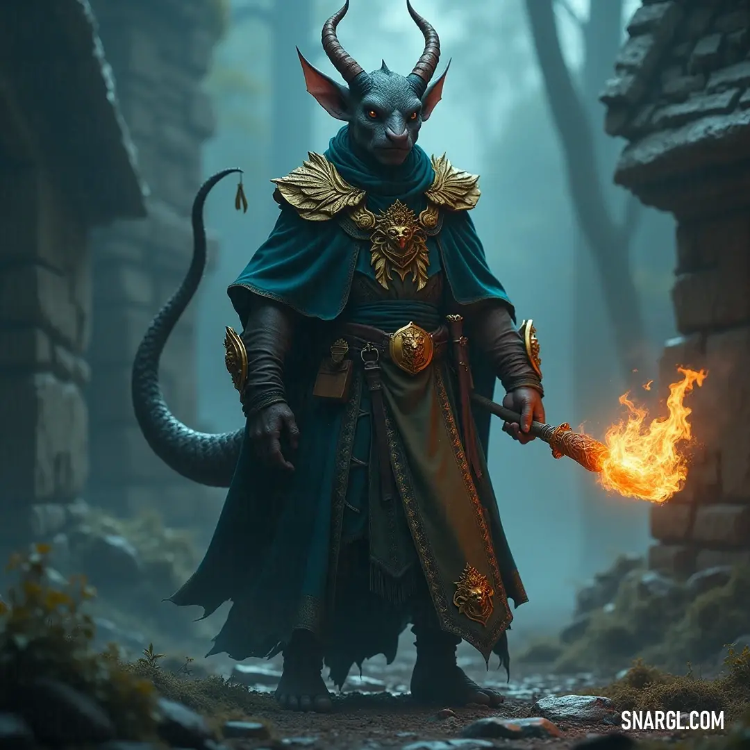 Kael Firetongue, adorned in a horned ensemble, conjures flames from his wand amid the dense forests, merging fearsome power with the serenity of nature. In a foreboding forest, Kael Firetongue stands proud in a horned costume, gripping a fiery wand, his demon-like head blending seamlessly with the mystical aura surrounding him.