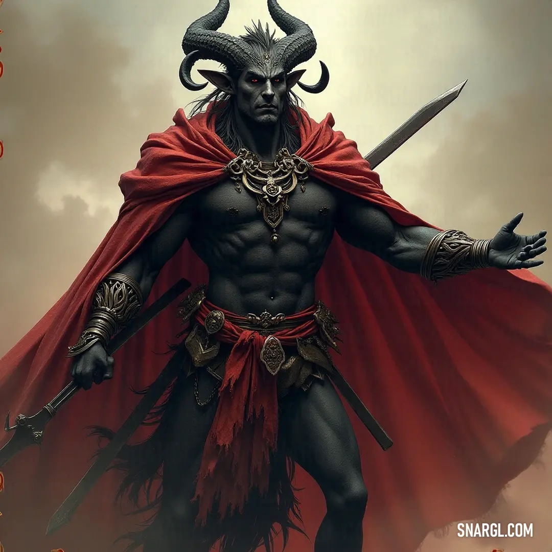 Kael Firetongue, a formidable figure crowned with horns, stands poised with a glimmering sword beneath a dusky sky, symbolizing strength and resolve. With horns atop his head and a regal cape billowing in the wind, Kael Firetongue wields a sword that glimmers under the twilight sky, a striking figure ready for any challenge ahead.