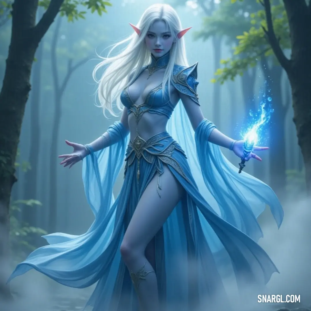 A vibrant figure in blue stands poised with a sword in an enchanted forest, where soft fog weaves through the trees, creating a magical tapestry that whispers of adventure. An adventurous spirit clad in a blue costume stands amid an enchanting forest shrouded in a gentle fog, gripping a sword, as the delicate interplay of light and shadow highlights the mystique of the nature surrounding her.
