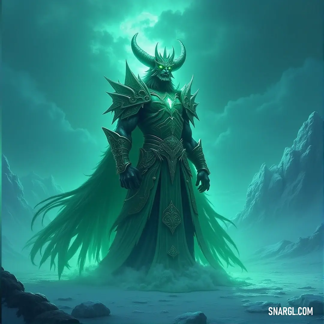 A formidable warrior, draped in green, stands amidst the snow, his horned head and glowing eye revealing a powerful, otherworldly presence. A commanding figure in green attire stands in the snowy expanse, his head adorned with horns and his glowing eye reflecting a supernatural power. The cold landscape contrasts with the fire in his gaze.