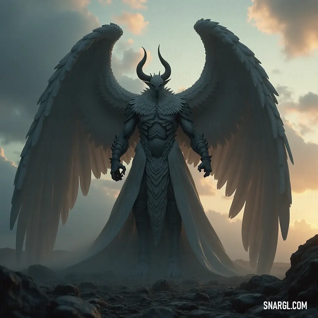 A magnificent white Kafziel with vast wings commanding a rocky terrain illuminated by the colorful glow of sunset and drifting clouds overhead, evoking a sense of wonder and nature's beauty. A majestic white Kafziel with expansive wings stands defiantly atop a rugged rocky landscape, bathed in vibrant hues of a setting sun, while soft clouds drift lazily across the sky, creating a serene and mystical ambiance.