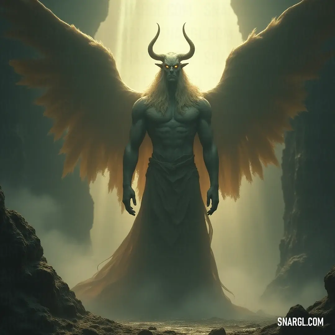 A stunning figure with a horned head and expansive wings stands regally within a shadowy cave, a radiant halo hovering above, symbolizing a divine presence amidst the darkness.