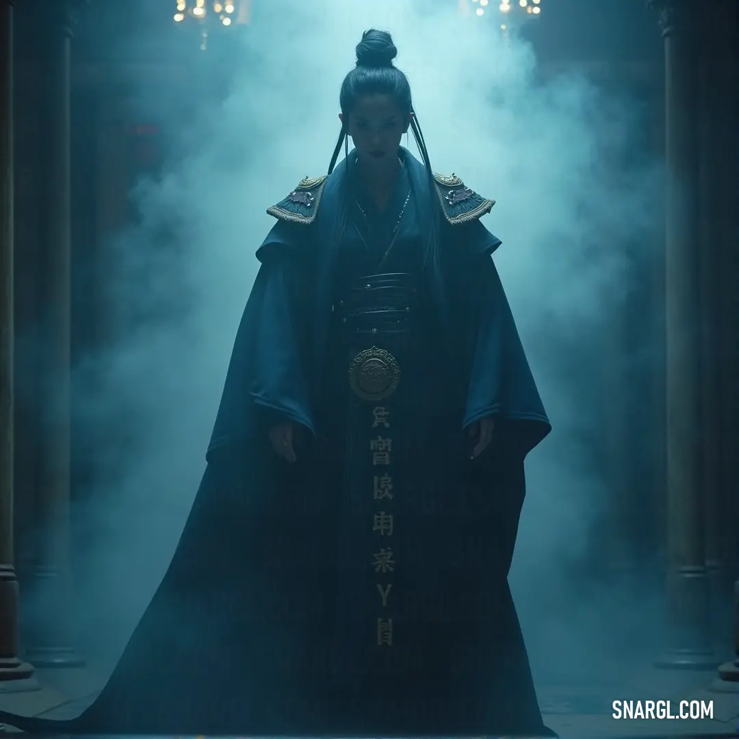 A graceful woman wearing a black dress and blue robe, with a fan on her head, exuding elegance and power as she stands poised against the tranquil backdrop. A woman in a black dress and blue robe, with a fan perched on her head. Her confident pose and the striking contrast of her outfit against the natural surroundings convey a sense of elegance and power.