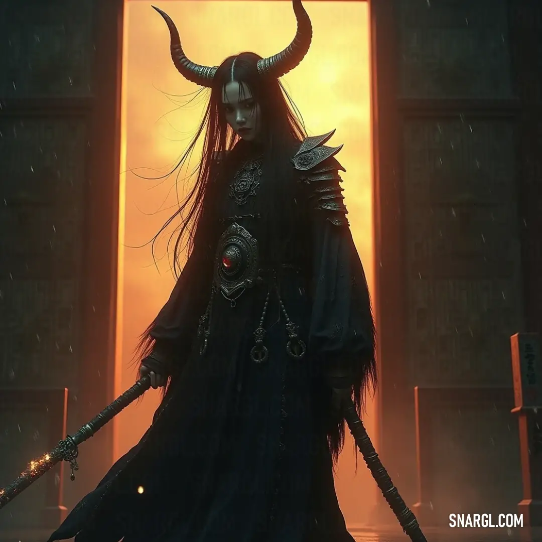 A bold figure in a horned costume, wielding two swords in front of a doorway with a glowing sun in the background. A fierce warrior-like figure in a horned costume, holding two sharp swords in front of an ancient doorway. The sun glows behind them, casting a mystical light across the scene.
