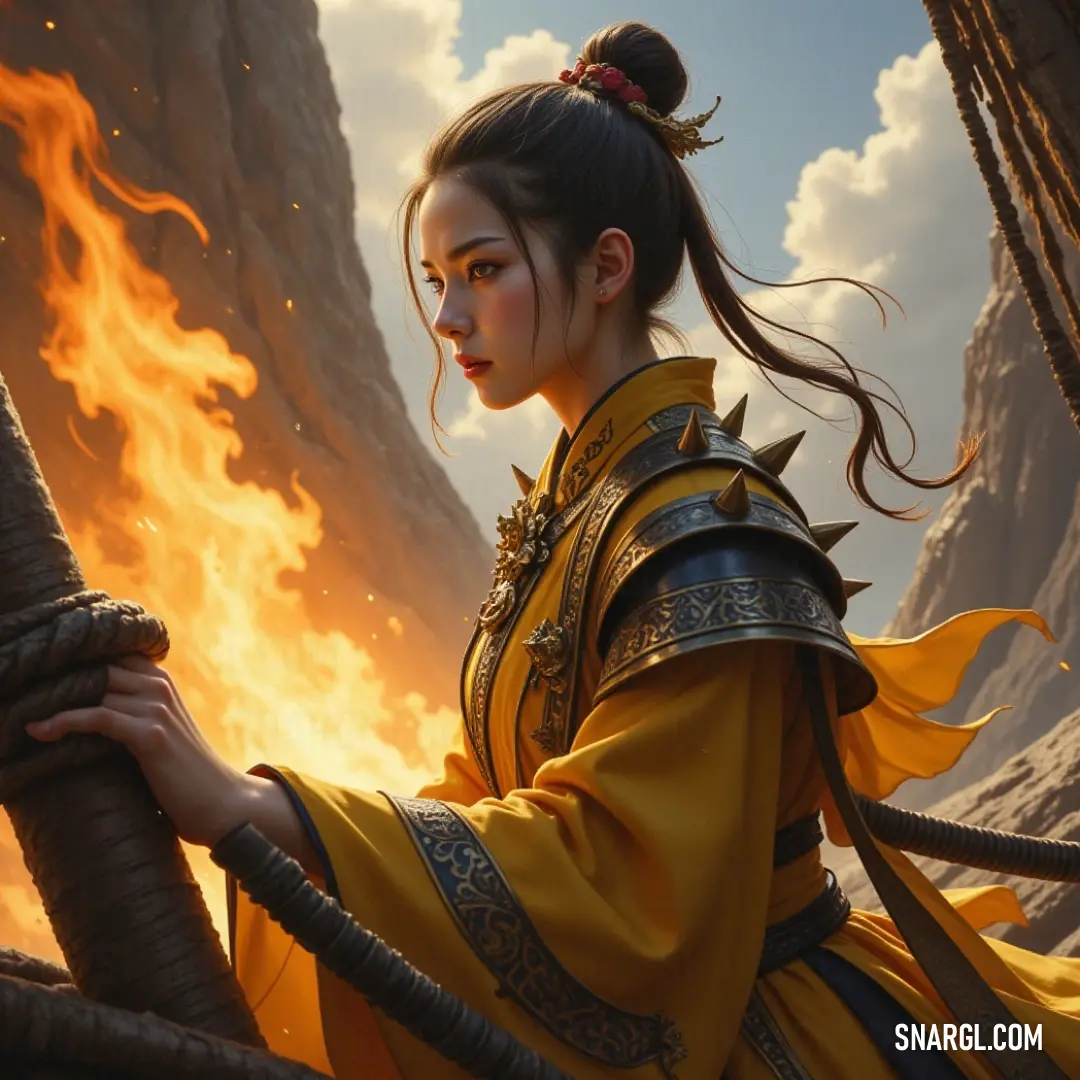 An elegant figure in a bright yellow gown holds a roped artifact, standing before a breathtaking landscape of fiery mountains. The vibrant clouds swirl above, creating an atmosphere charged with adventure and ancient lore. A regal figure adorned in a radiant yellow dress, gracefully holding a twisted rope against a backdrop of fiery mountains and swirling clouds, reminiscent of ancient tales and mystical quests.
