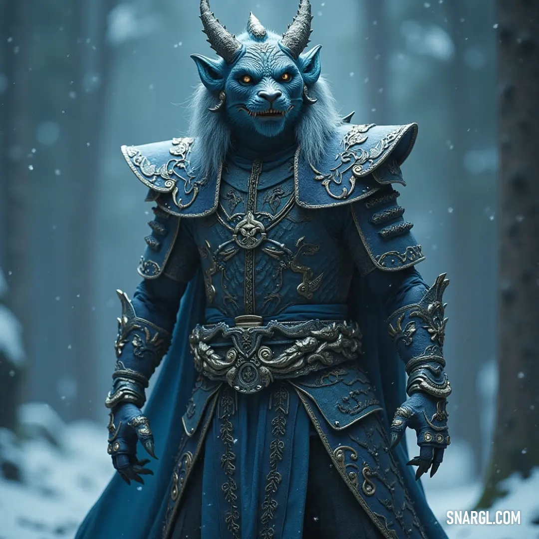 Embodying the spirit of winter, K'ai stands tall in his horned blue costume, blending seamlessly with the snowy environment, evoking an enchanting narrative filled with wonder. K'ai, adorned in a captivating blue horned costume, stands proudly in a wintry landscape. The snowflakes gently fall around him, enhancing the fantastical aura of this scene while his horns amplify his connection to nature's raw beauty.