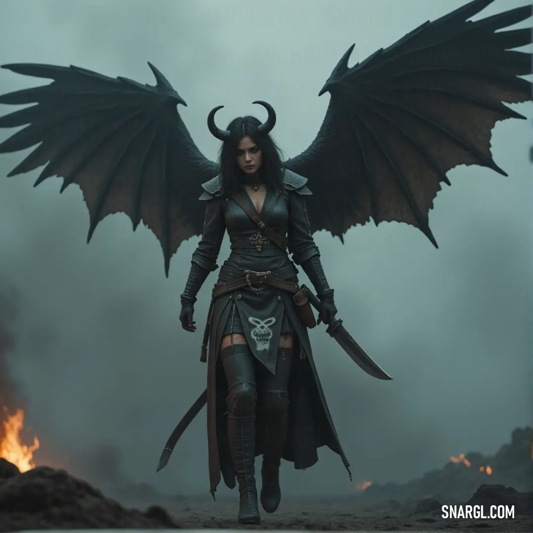 Kaida, with wings spread and a sword in hand, stands amidst flames in a dark, fiery realm, exuding raw power. Kaida, her wings unfurled, holds a sword with determination. The fiery backdrop of flames adds an intense atmosphere to the dark environment around her, embodying strength and resilience in the face of danger.