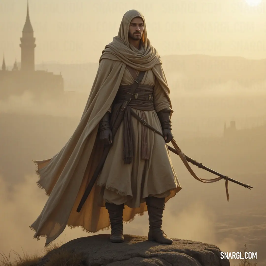 A bold figure atop a rocky outcrop in desert attire stands, sword in hand, surveying an expansive vista where history and mystery intertwine with the striking skyline of an ancient structure. Elevated on a rugged rock, a figure in a commanding desert outfit wields a sword while overlooking a vast landscape, an ancient building casting a lingering shadow in the distance, beckoning exploration.