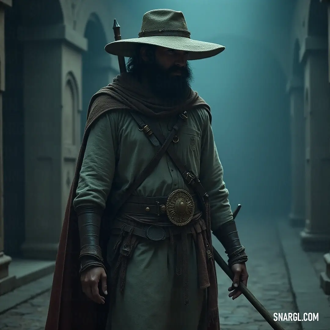 A compelling figure, donned in a cloak and wielding a sword, represents courage and mystique, set within the forest's beauty, embodying the spirit of adventure and the richness of folklore. A heroic figure dons a hat and cloak, wielding a sword as they stand confidently, their long beard flowing, surrounded by the enchanting ambiance of the forest that hints at ancient legends and tales.