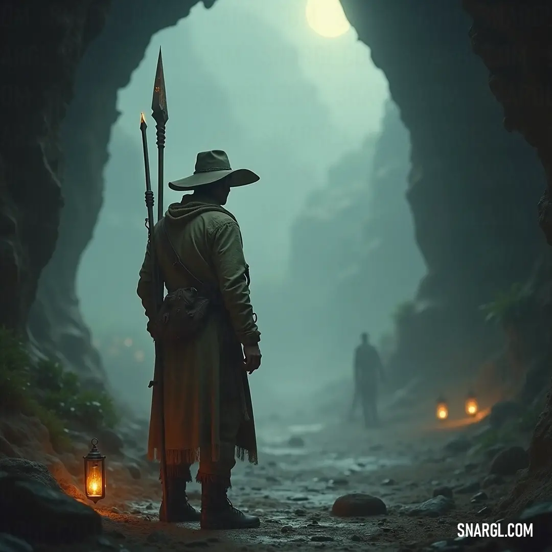 A determined figure in a hat and coat stands inside a dim cave, rifle in hand. Eerie lanterns glow around, casting shadows that dance upon the rugged walls, creating an atmosphere thick with suspense and adventure.