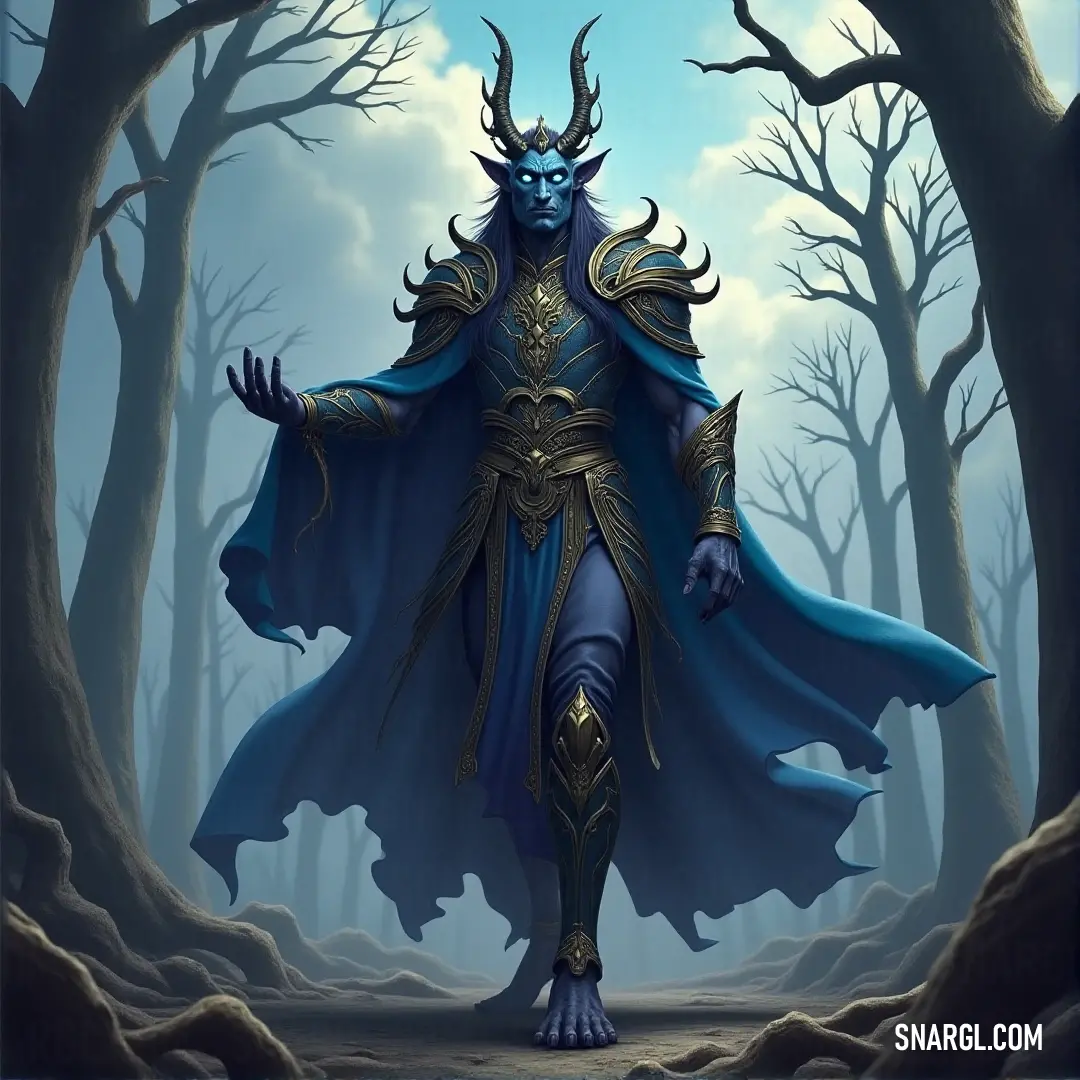 A tall, striking figure with blue skin stands confidently in a dense forest. The towering trees and twisting branches around him only enhance the mystique of his presence in the tranquil wilderness.