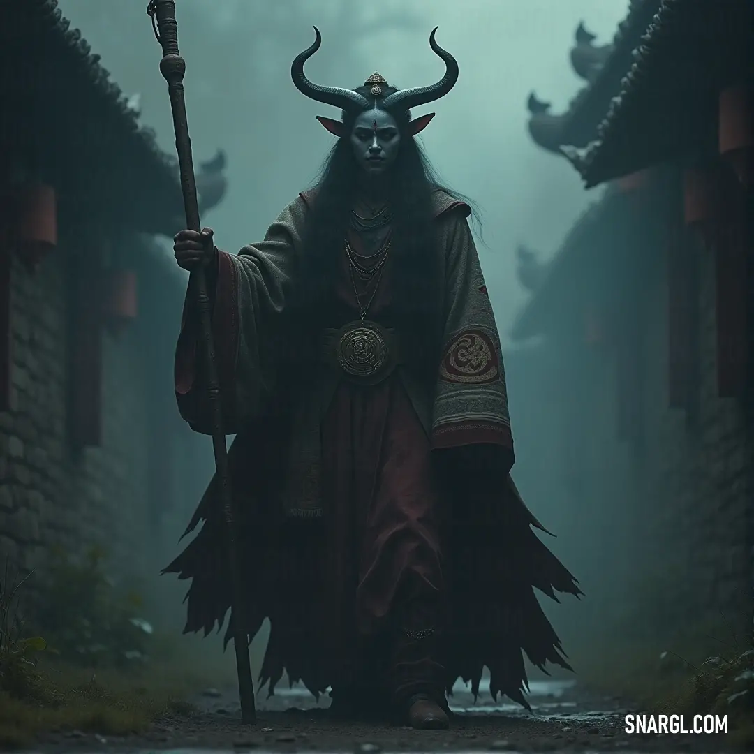 A witch dressed in a horned costume, holding a staff, walks through a dark alley, her ominous figure casting a spell over the dim surroundings. In a dark alleyway, a witch in a horned costume holds a staff, walking confidently through the shadows. Her demon-like presence is amplified by the eerie atmosphere, as she prepares to face whatever lurks in the dark.