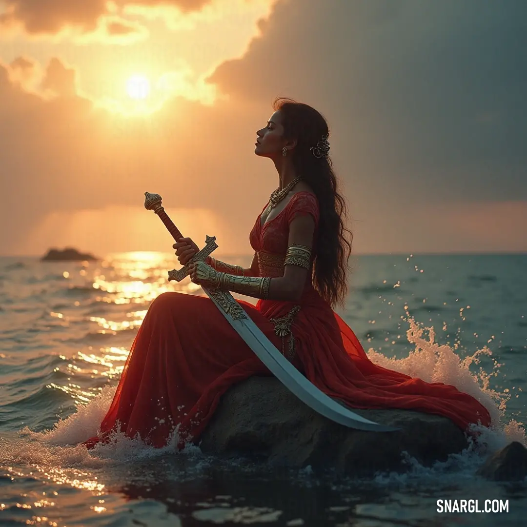 A courageous figure in a striking red dress, wielding a sword on a rocky ocean perch as the sun sets dramatically behind her. Kalia, donned in a striking red dress, stands heroically on a rugged rock at the ocean's edge, a sword held firmly in her hand. The fiery sunset casts a warm glow, accentuating her fierce presence against the backdrop of crashing waves.