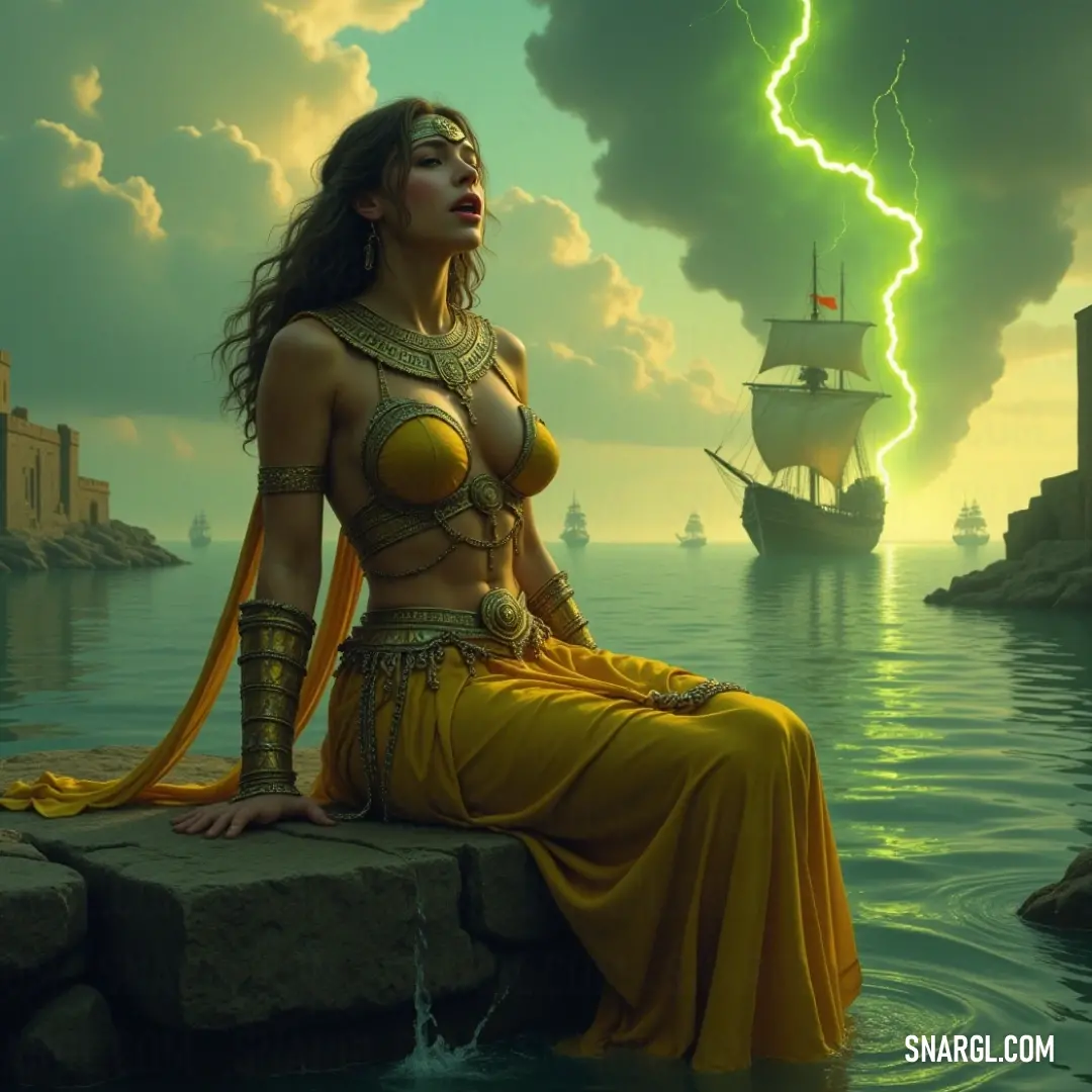 A graceful figure in a vibrant yellow dress on a rock by the ocean, with a ship gliding smoothly in the background. Draped in a vibrant yellow gown, Kalia poses gracefully on a rock, the backdrop of gentle waves lapping at the shore and a ship gliding on the horizon. The tranquil setting merges land and sea in perfect harmony, embodying the essence of serenity.