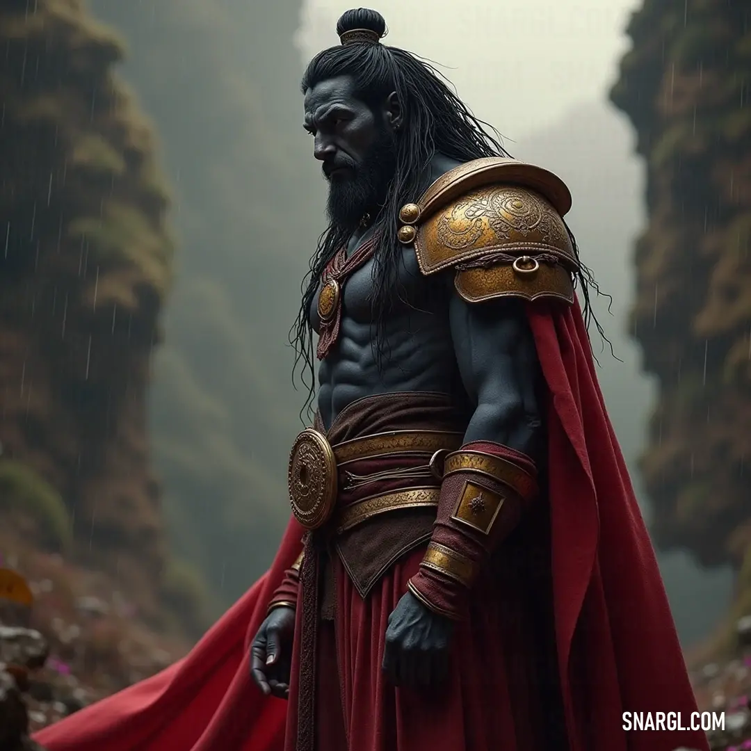 Drenched in rain, a gallant warrior clad in a striking costume grips a sword firmly, his helmet gleaming even in the storm, embodying bravery against the tempest's roar.