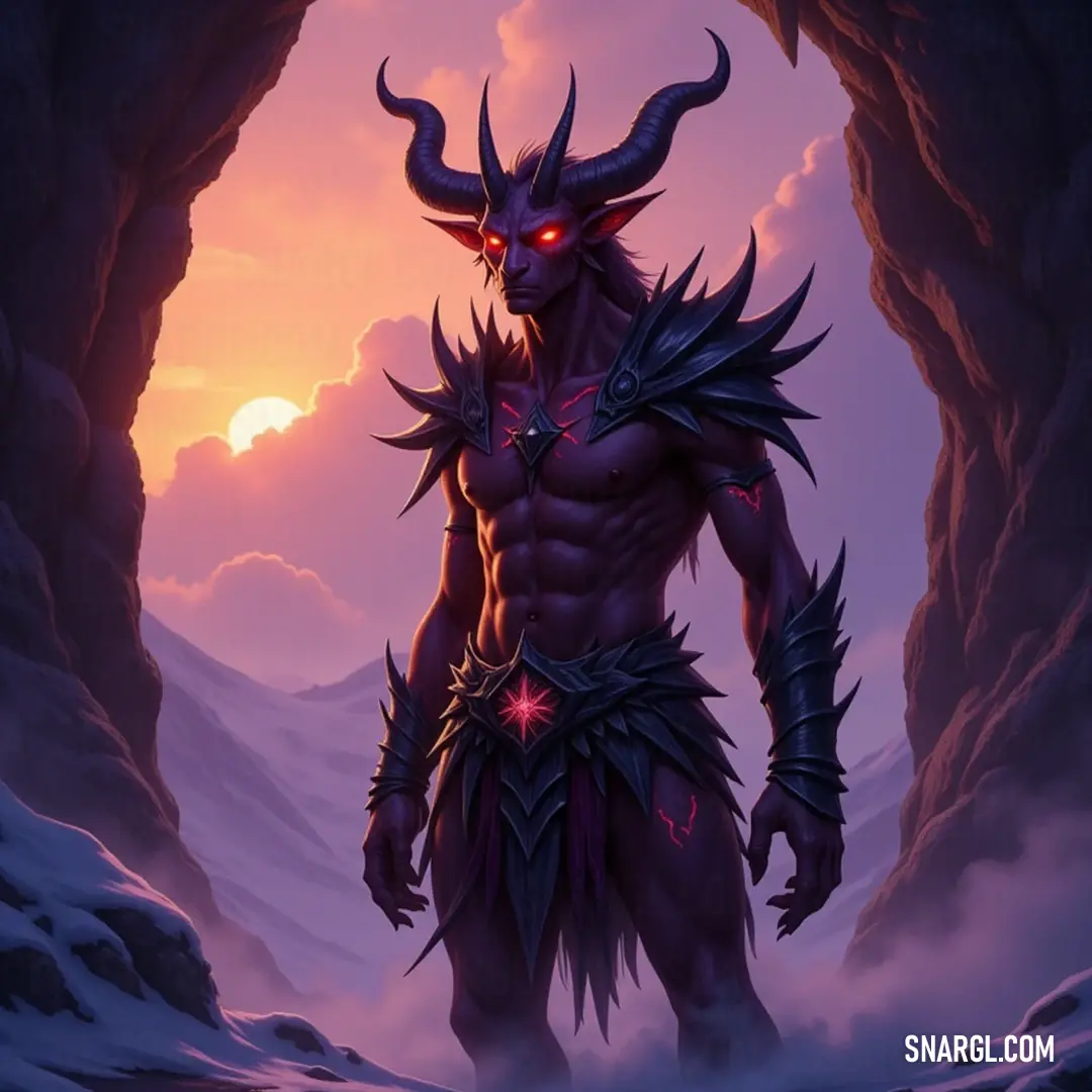 Kalistar Flameshadow in a cave, surrounded by the enchanting glow of a sunset. Kalistar Flameshadow, adorned with magnificent horns, stands gracefully within a cave, bathed in the warm hues of a stunning sunset. The play of light illuminates his features, revealing a powerful yet serene presence amidst the natural beauty.