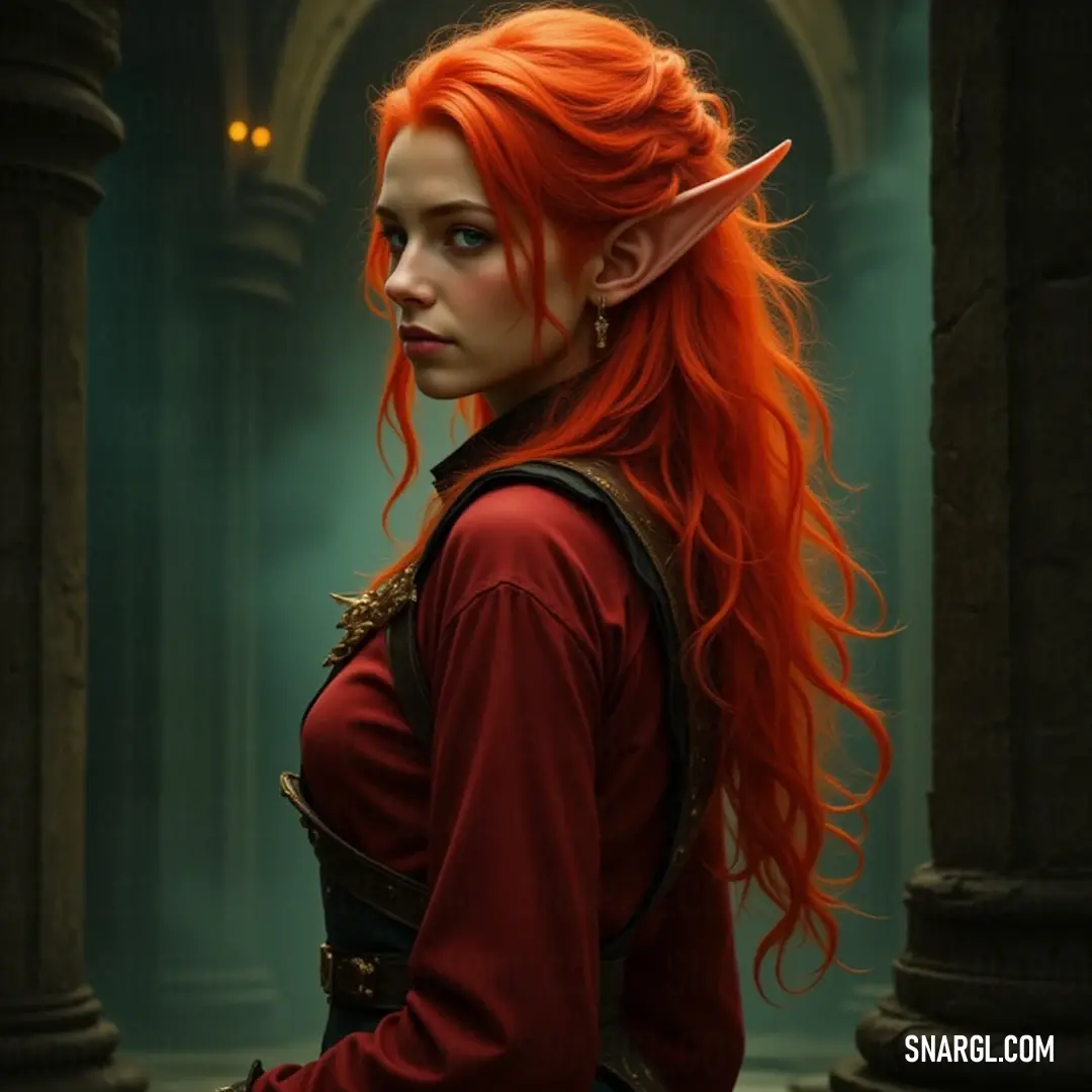 In a dimly lit sanctuary of ancient columns, a figure with striking red hair and an elegant dress captivates the eye, their presence enhanced by the interplay of light and shadow in this magical setting. An enigmatic character with vibrant red hair and a flowing dress commands attention within a dimly lit room adorned with majestic columns. The intriguing play of light and shadow creates an air of mystery and allure.