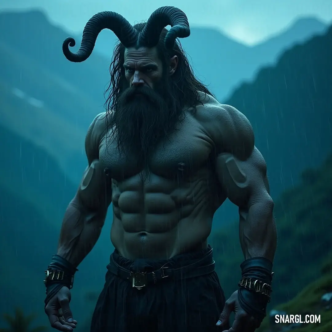 A majestic figure with long horns and a flowing beard braves the rain, framed by towering mountains, reflecting a powerful connection between strength and the elements. A solemn yet striking figure, adorned with impressive horns and a long beard, stands amidst the rain, with majestic mountains looming in the background, evoking a sense of resilience against nature's fury and beauty.