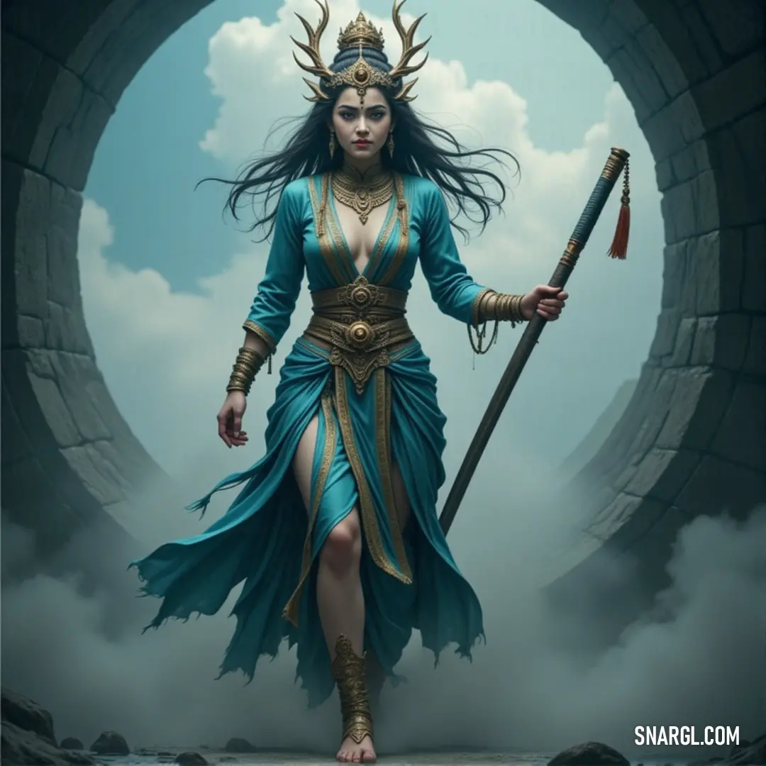 A figure dressed in a flowing blue gown stands before an ancient stone tunnel, her sword and staff held firmly in hand. Clouds swirl above as the scene exudes an air of mystery and power.