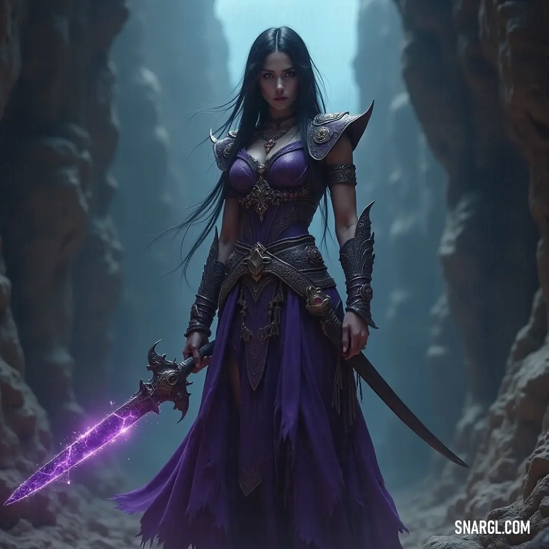 A warrior in a stunning purple gown wields a radiant sword in a rocky cave, with the clear blue sky illuminating the enchanting scene beyond. An elegant figure clad in a flowing purple dress brandishes a shimmering purple sword amidst rocky outcrops, with a crisp blue sky peering through the cavern's opening, embodying strength and grace.