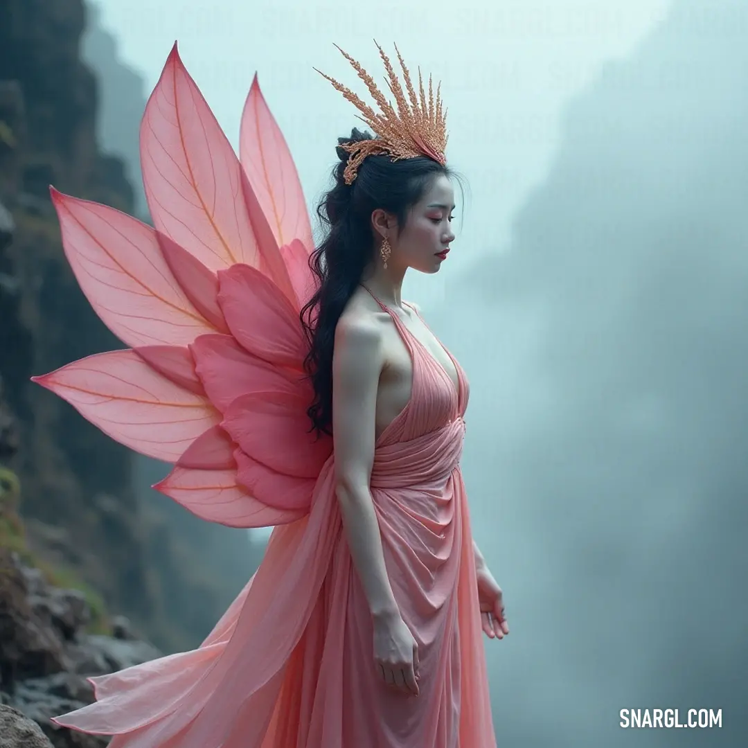 An enchanting portrayal of a woman in a pink dress, adorned with a captivating flower, evoking feelings of joy and playfulness in a vibrant and whimsical environment. A charming figure in a pink dress is adorned with a large, colorful flower atop her head, bringing a touch of whimsy and enchantment to her joyful demeanor in a picturesque setting.