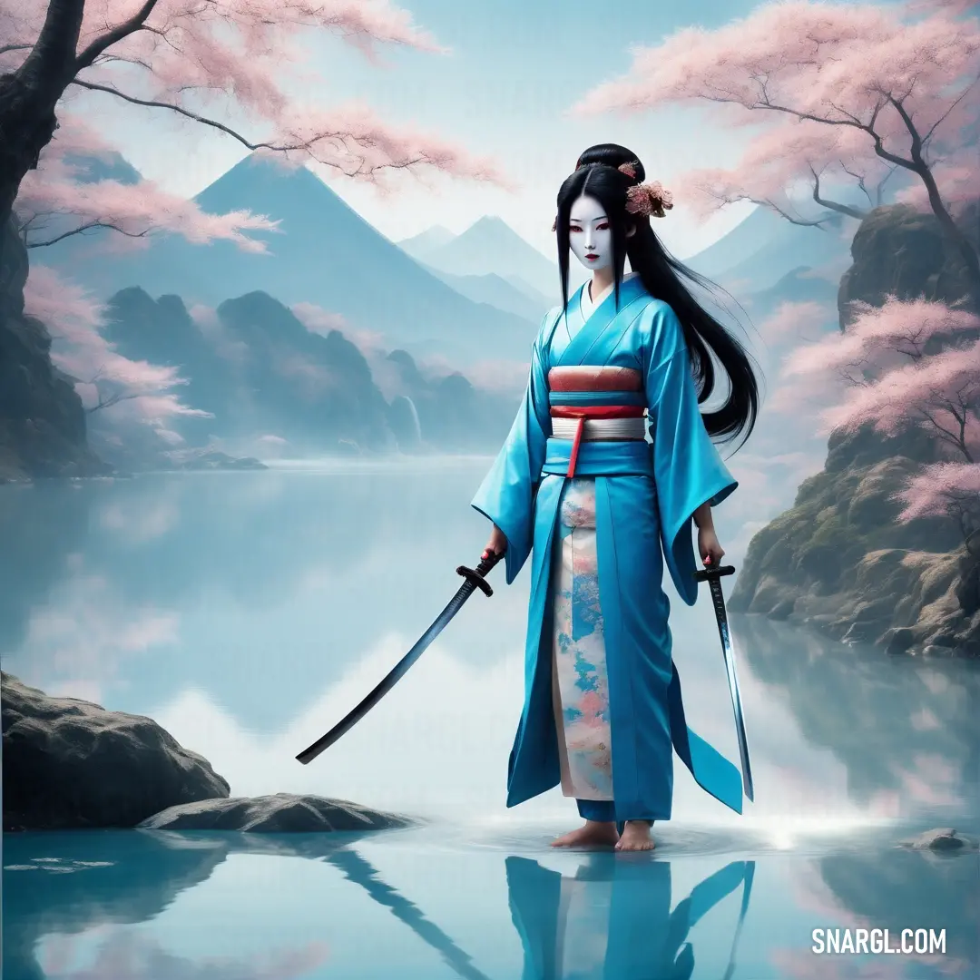 Kami in a blue kimono holding a sword in front of a lake with pink trees and mountains