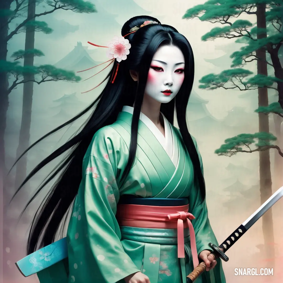 Kami in a green kimono holding a sword in a forest with pine trees in the background