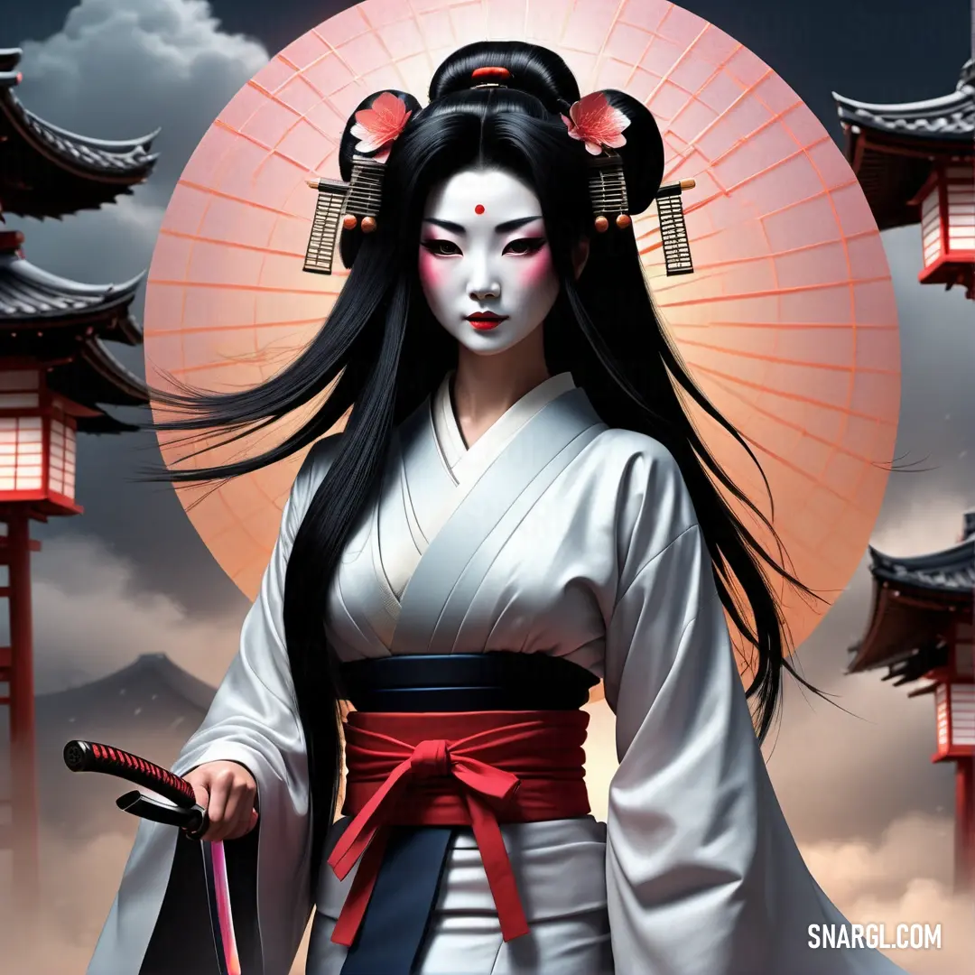 Kami in a kimono holding a pink umbrella and a pink umbrella behind her is a pagoda with red lanterns