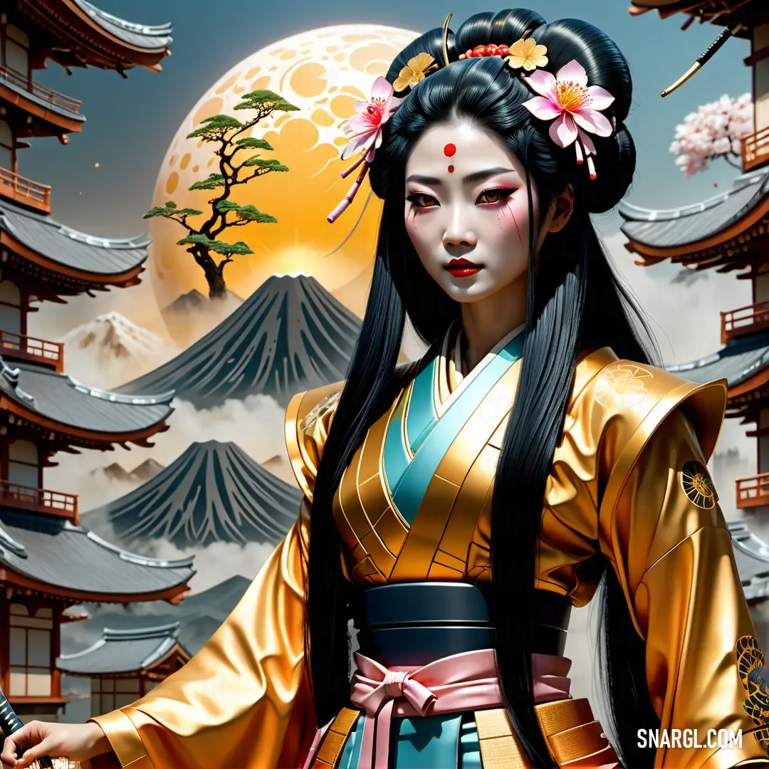Kami in a kimono holding a sword in front of a full moon and mountains