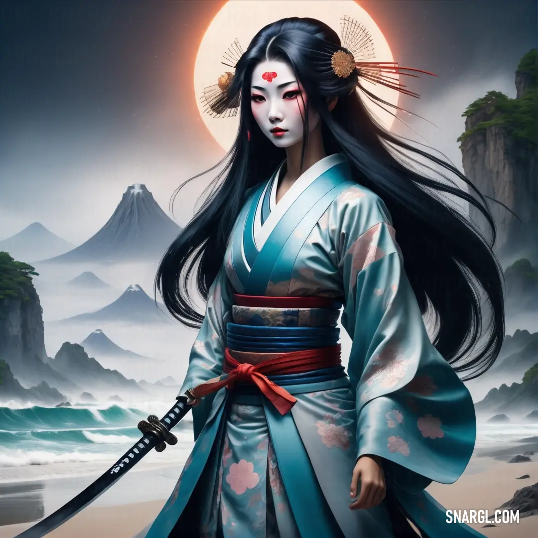 Kami in a kimono holding a sword on a beach with a full moon in the background and mountains