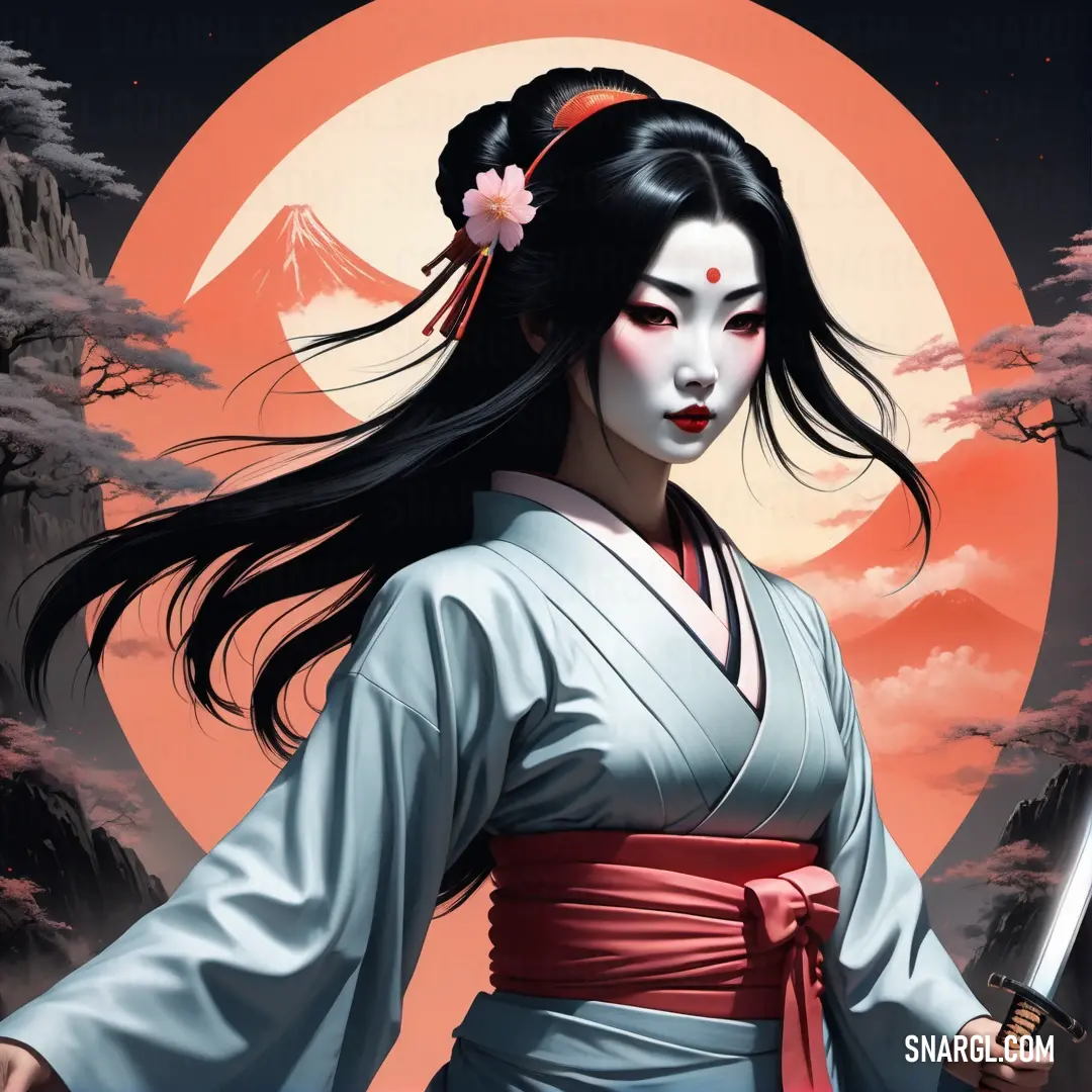 Kami in a kimono holding a sword in front of a full moon and a mountain with trees