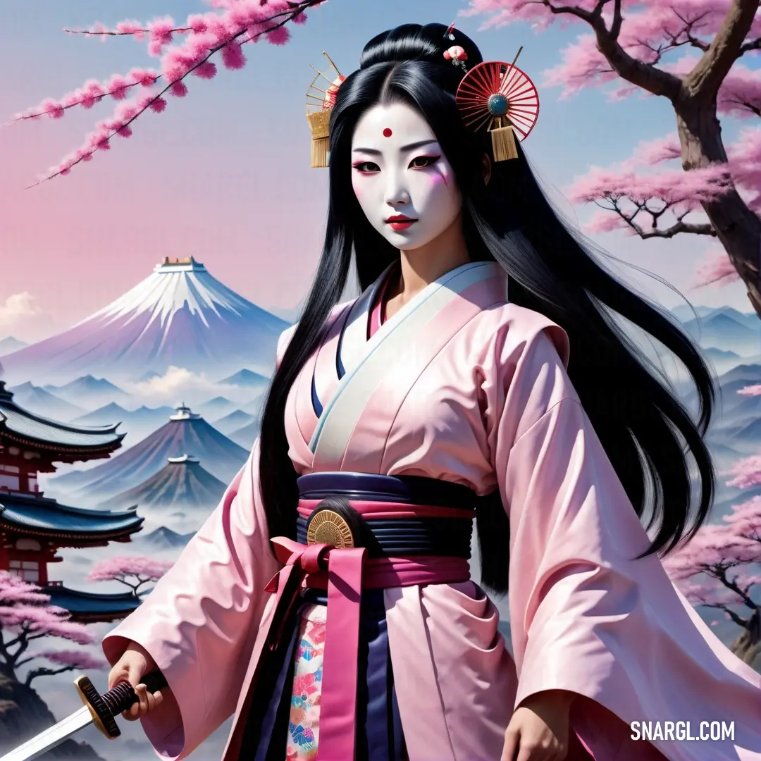 Kami in a kimono holding a sword in front of a mountain with pink flowers