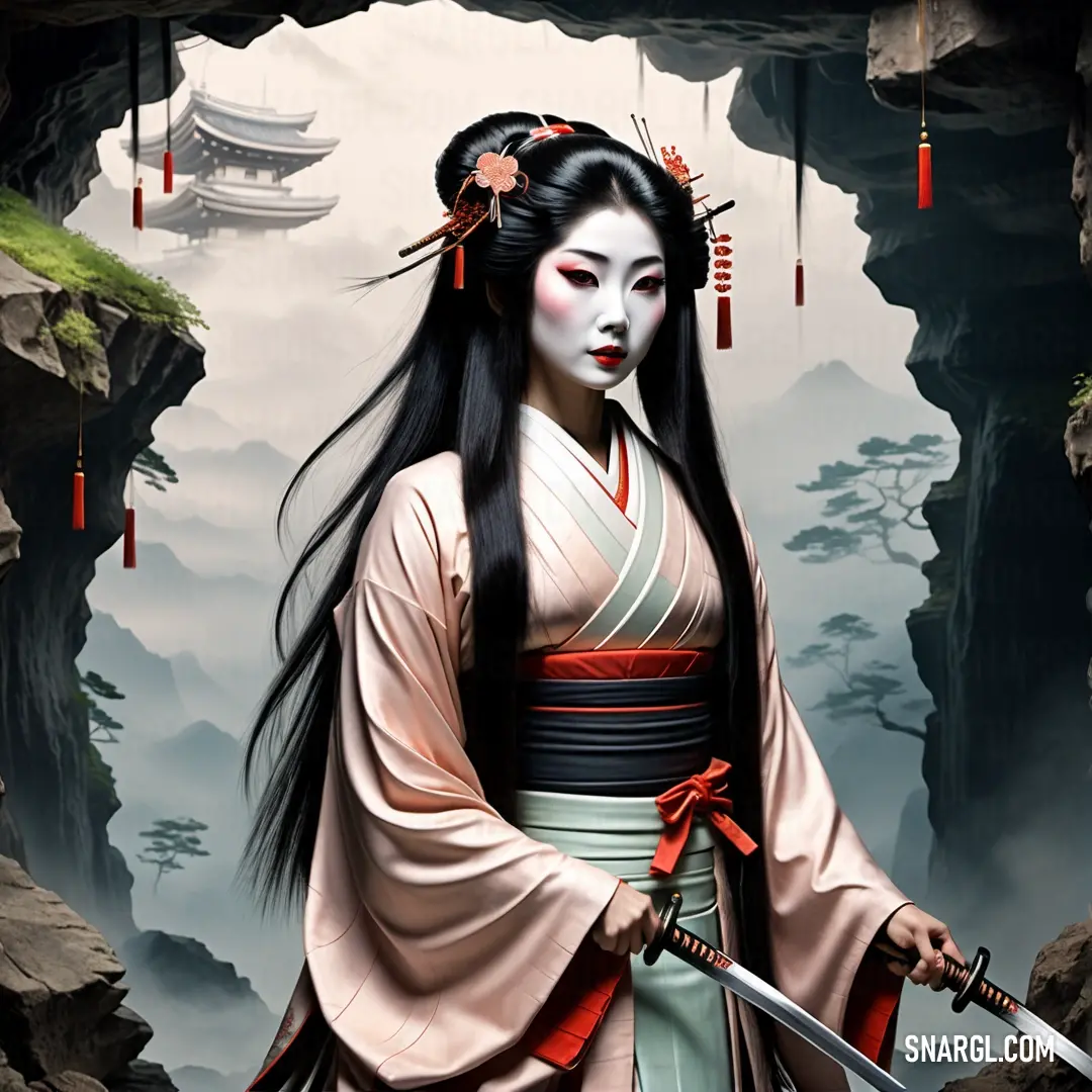 Kami in a kimono holding a sword in a cave with a mountain in the background