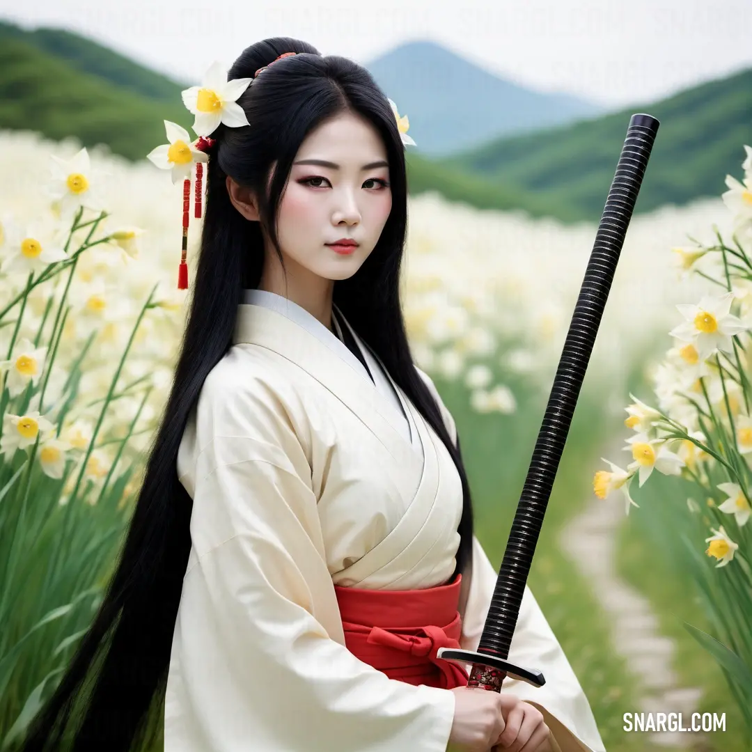 Kami in a kimono holding a sword in a field of flowers with mountains in the background