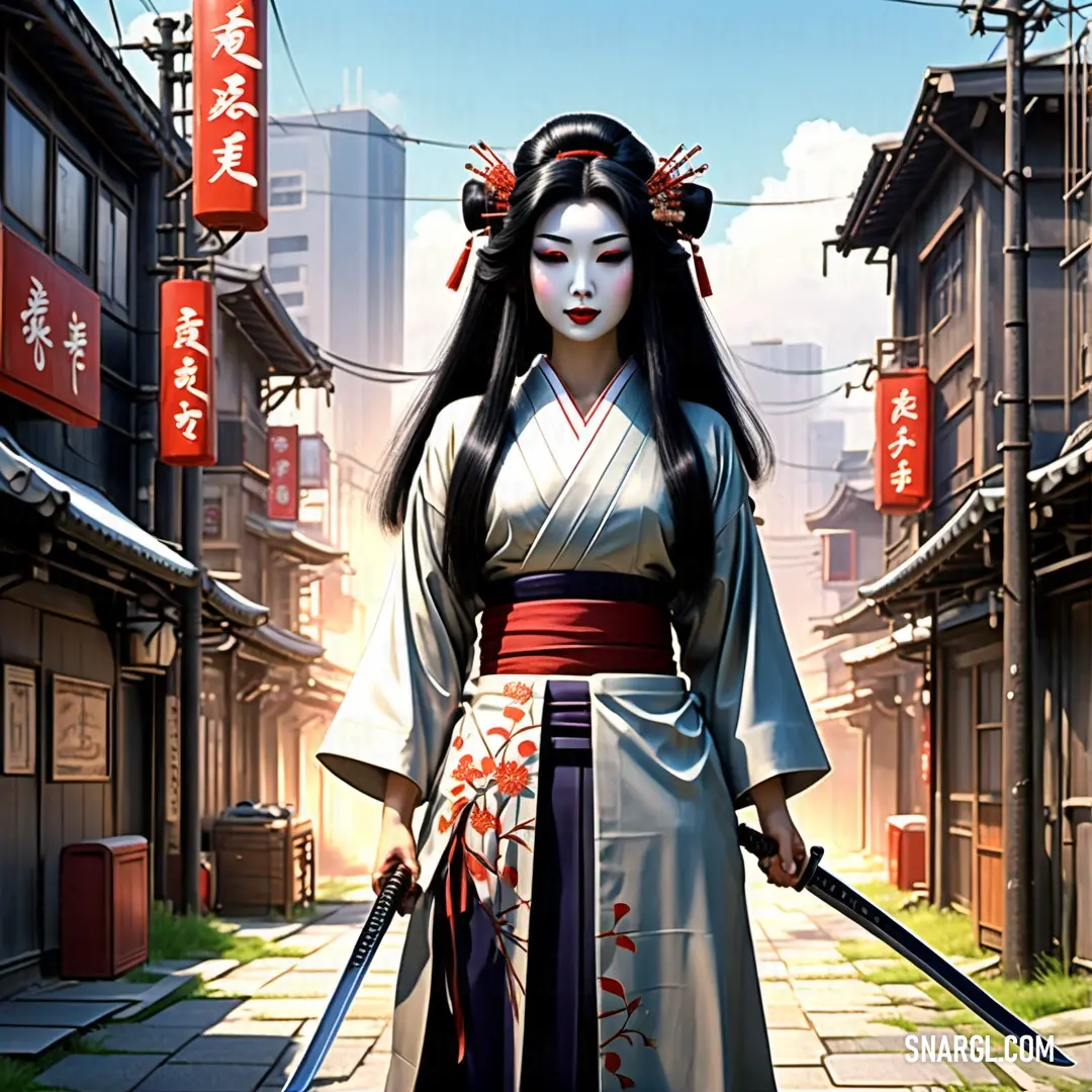 Kami in a kimono holding two swords in a street with buildings in the background