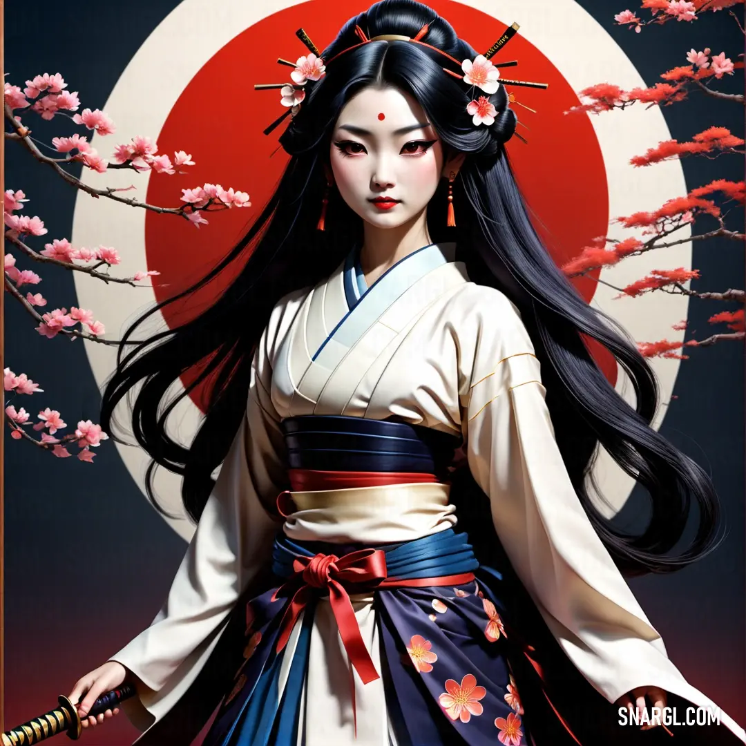 Kami in a kimono with a sword in her hand and a red sun behind her
